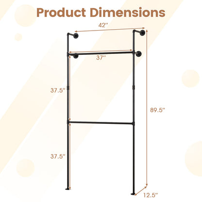 Wall Mounted Pipe Clothing Rack with 2 Hanging Rods
