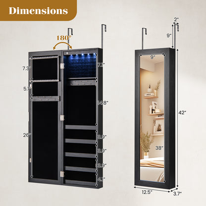 Wall Mounted Jewelry Cabinet with Full-Length Mirror & LED Lights