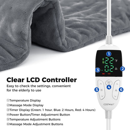 Weighted Heating Pad Electric Heated Pad with 2 Massagers Massaging Vibration-Gray