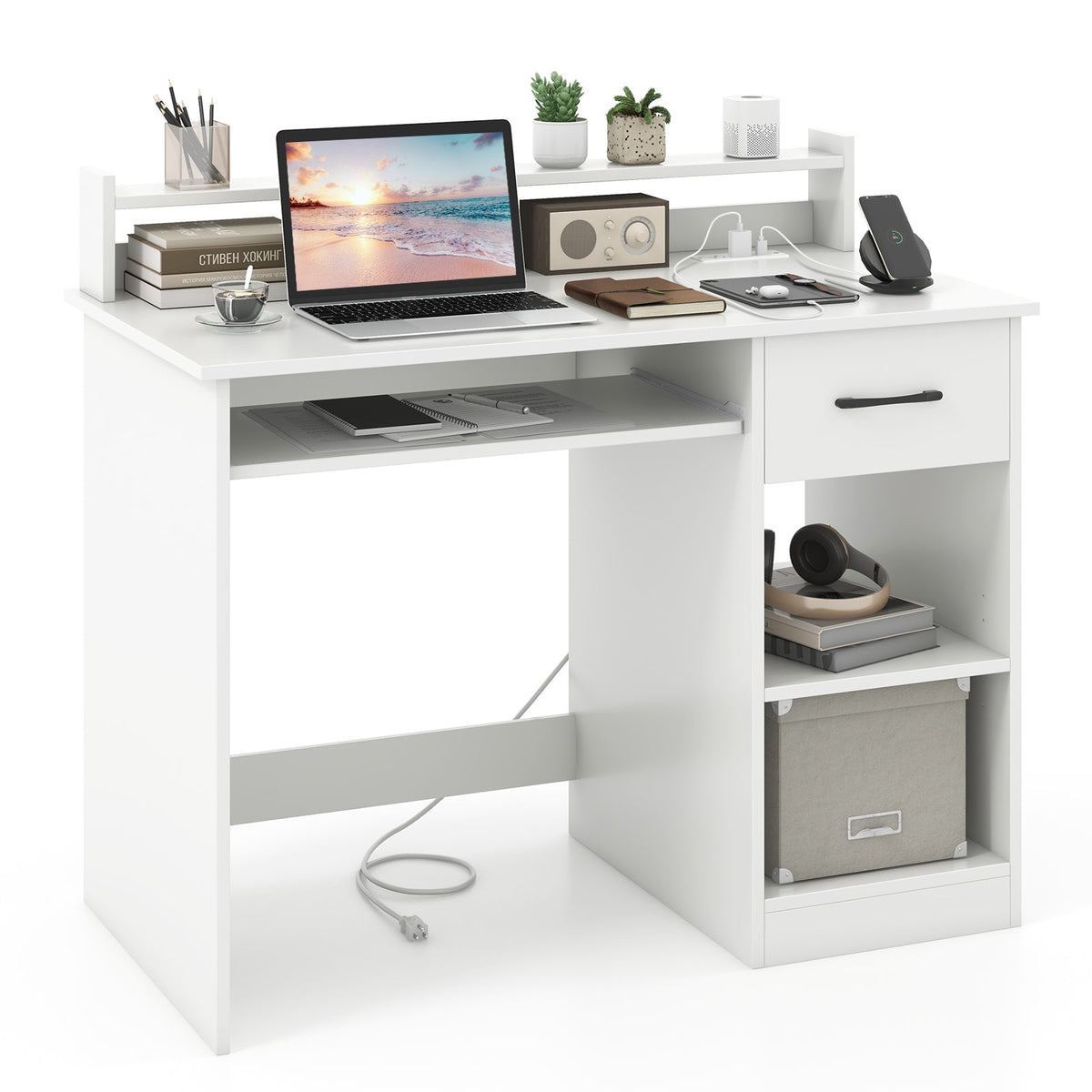 White Desk with Charging Station and Adjustable Shelf for Home Office-White