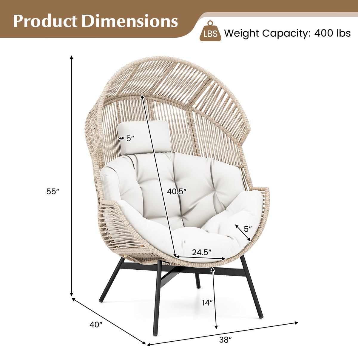 Oversized Wicker Egg Chair with Cushions and Headrest