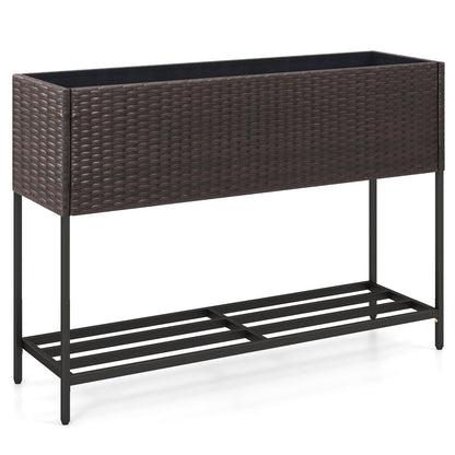 Wicker Raised Garden Bed with Storage Shelf and Drainage Gaps for Flowers