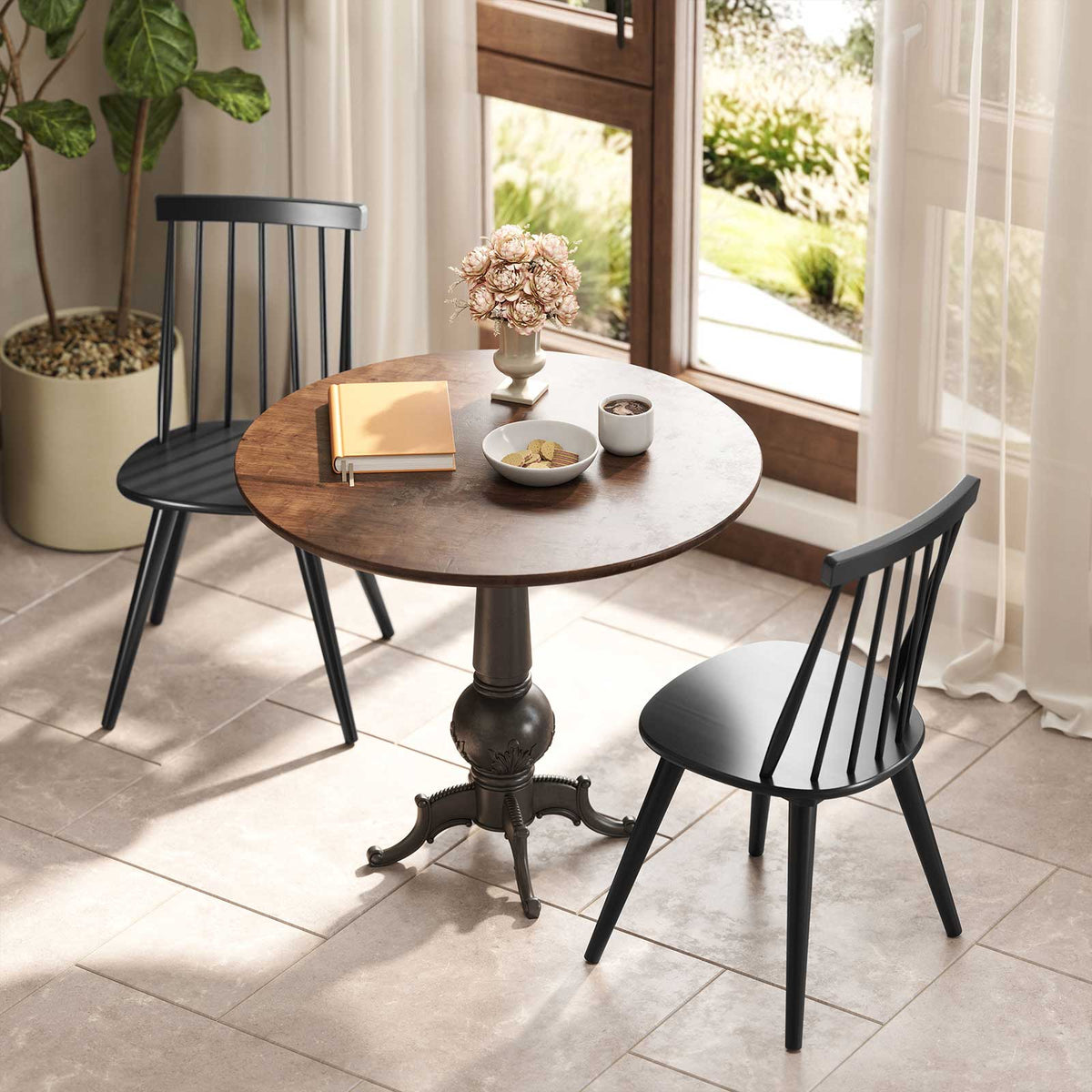 Windsor Dining Chairs Set of 2 with Rubber Wood Frame