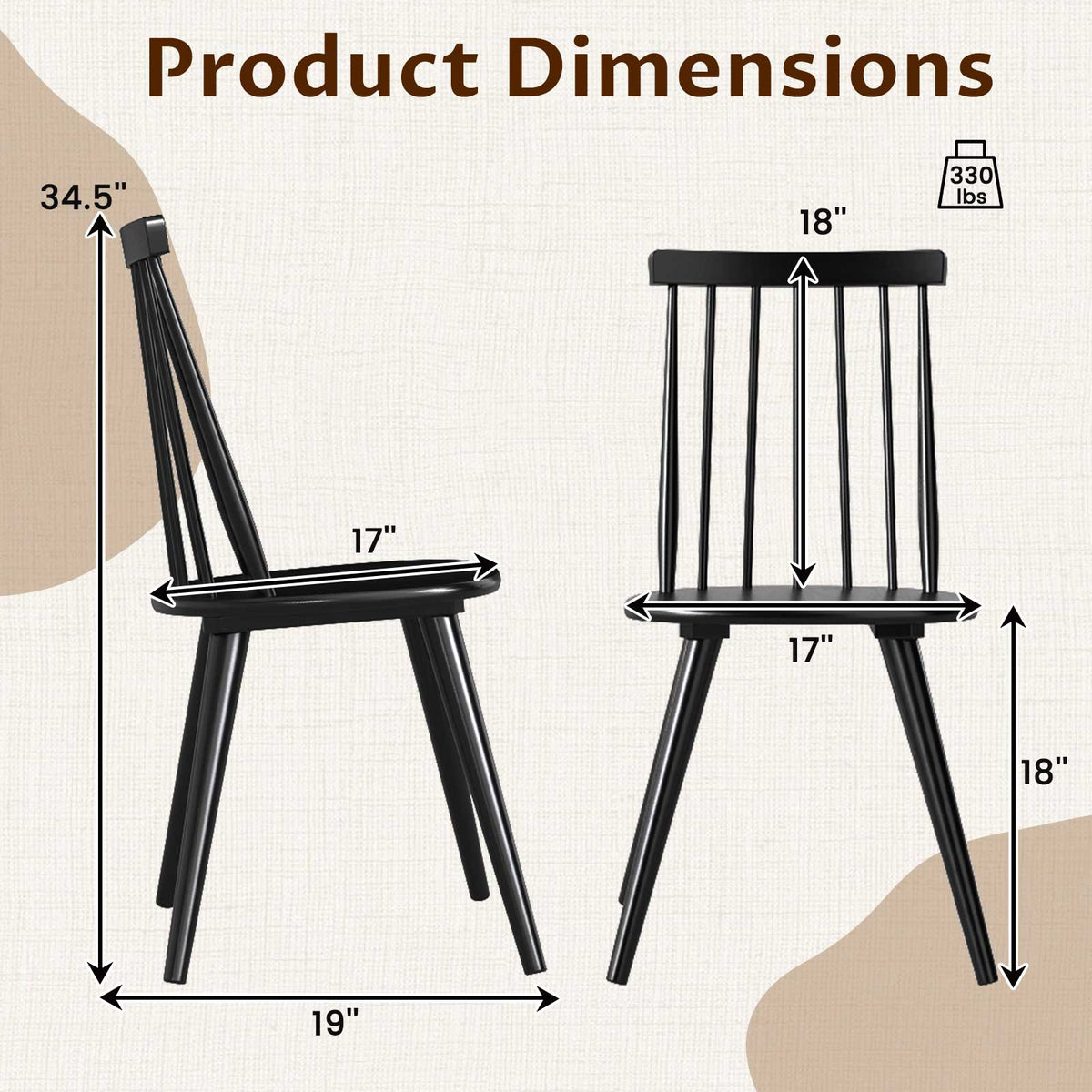 Windsor Dining Chairs Set of 2 with Rubber Wood Frame
