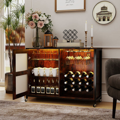 Wine Bar Cabinet with LED Light and Adjustable Shelves-Rustic Brown