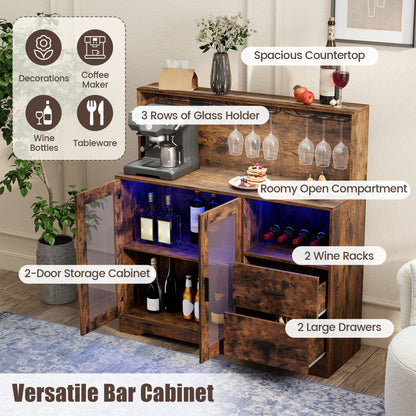 Wine Bar Cabinet with LED Lights and Charging Station