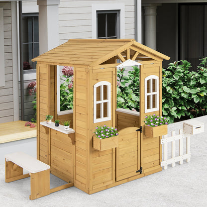 Wood Playhouse with Bench and Serving Stations for 2+ Years Old Kids