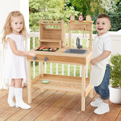 Wooden Barbecue Grill Playset with Play Food and Open Shelves-Natural