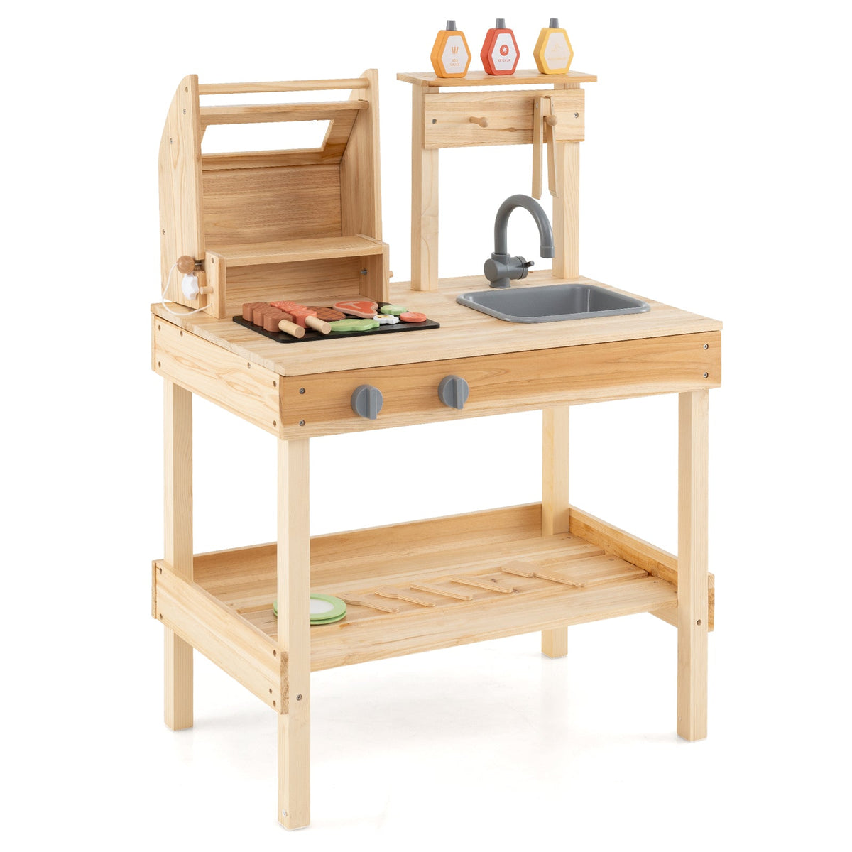 Wooden Barbecue Grill Playset with Play Food and Open Shelves-Natural