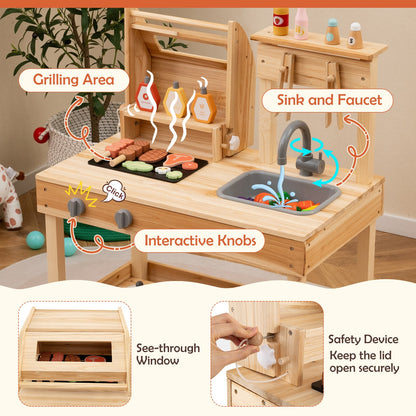 Wooden Barbecue Grill Playset with Play Food and Open Shelves-Natural