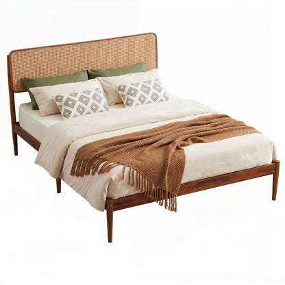 Queen Rattan Headboard Bed Frame with Wood Slat Support