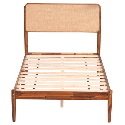 Queen Rattan Headboard Bed Frame with Wood Slat Support