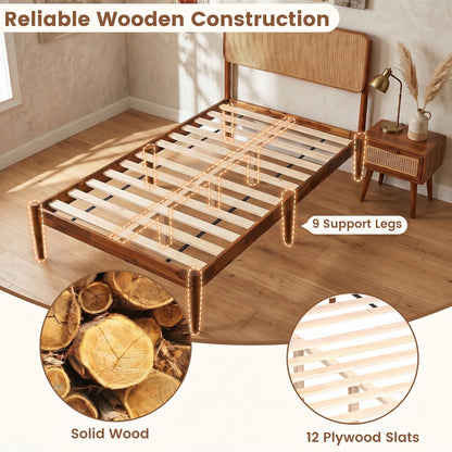 Queen Rattan Headboard Bed Frame with Wood Slat Support