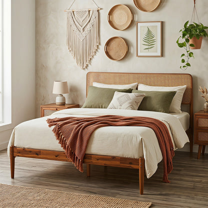 Queen Rattan Headboard Bed Frame with Wood Slat Support