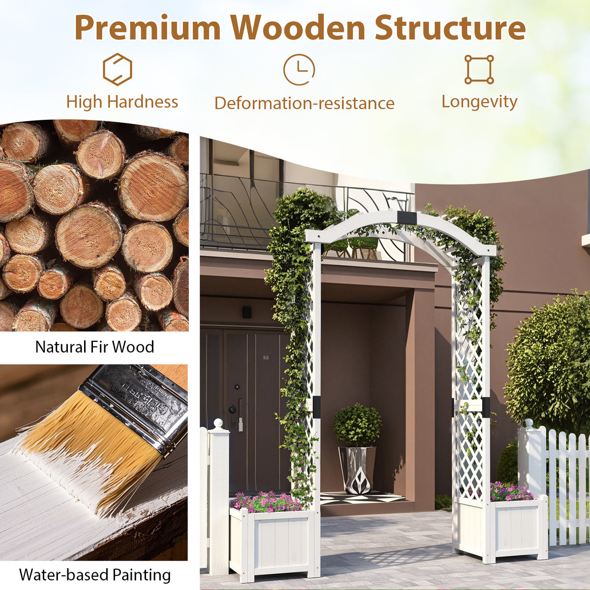 Wooden Garden Arbor with Planter and Trellis for Climbing Plants Decorations-White
