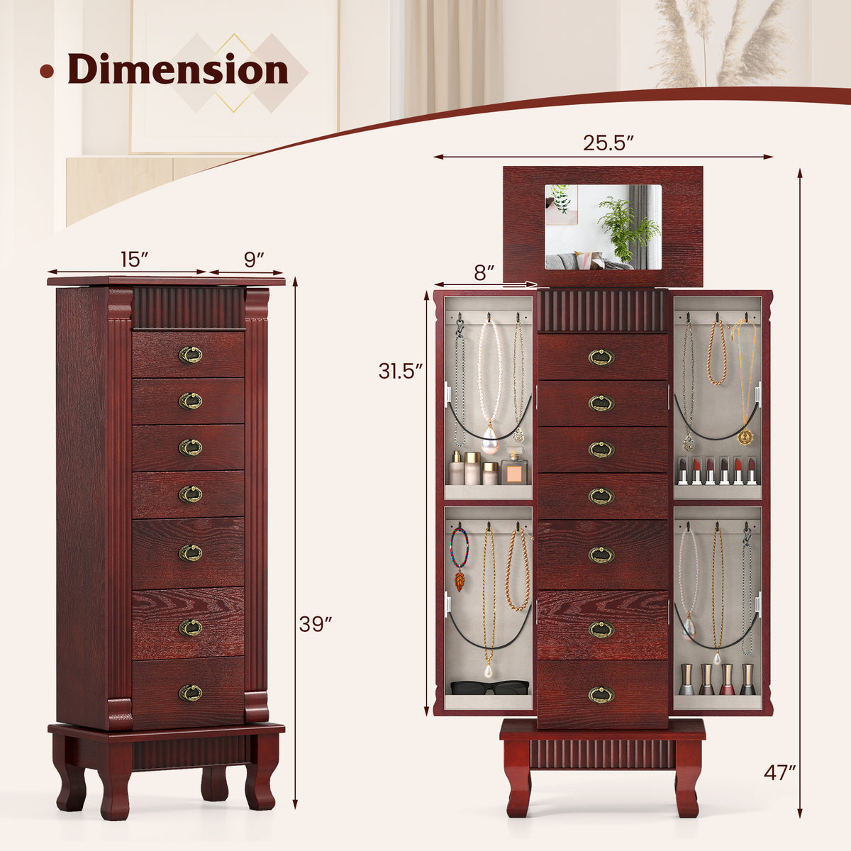 Jewelry Armoire Cabinet with Mirror and 7 Drawers