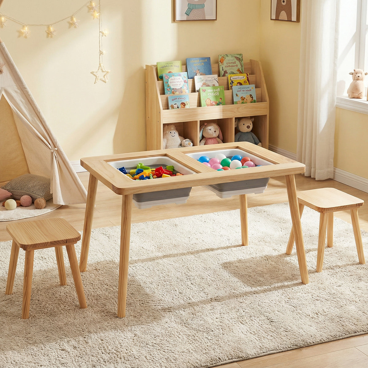 Kids Activity Table Set with 2 Storage Bins and Stools