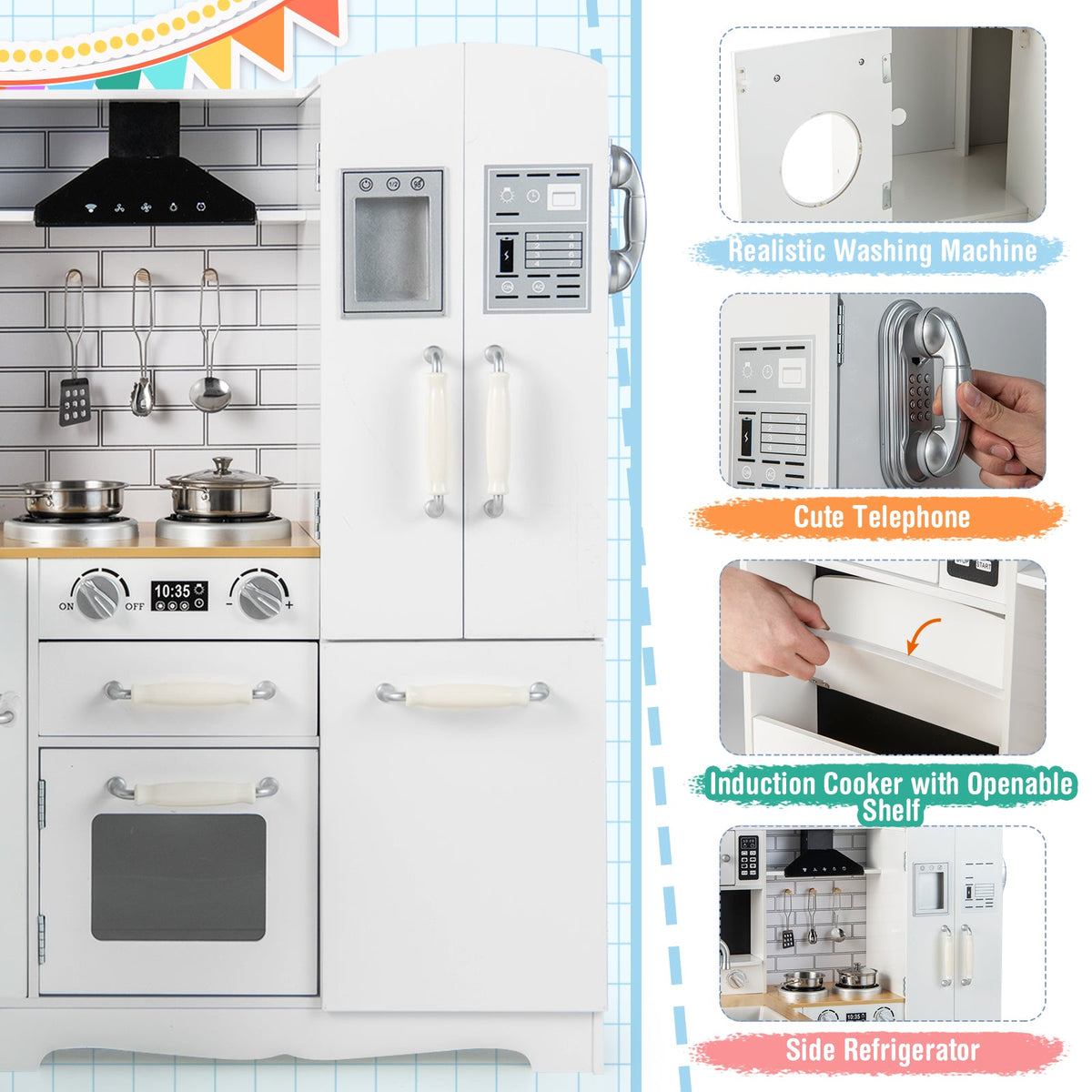 Wooden Kid's Corner Kitchen Playset with Stove for Toddlers-Natural & White
