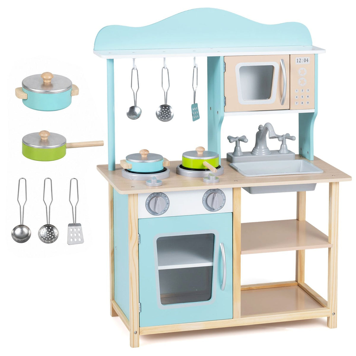 Wooden Kids Pretend Play Kitchen Playset with Sink Faucet Oven and Utensils-Blue