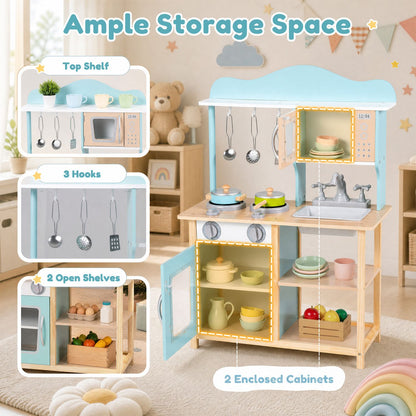 Wooden Kids Pretend Play Kitchen Playset with Sink Faucet Oven and Utensils-Blue