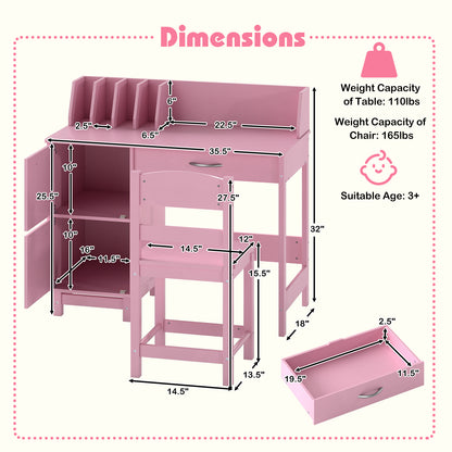 Kids Study Desk and Chair Set with Storage - Solid Wood