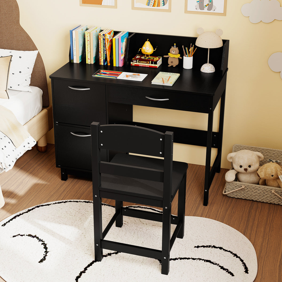 Kids Study Desk and Chair Set with Storage - Solid Wood