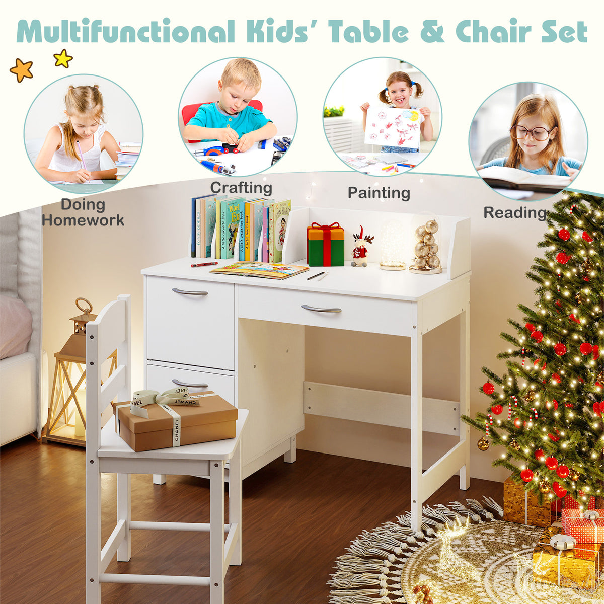 Kids Study Desk and Chair Set with Storage - Solid Wood