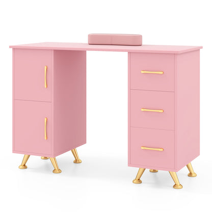 Wooden Manicure Table Nail Desk with Drawers Wrist Rest-Pink