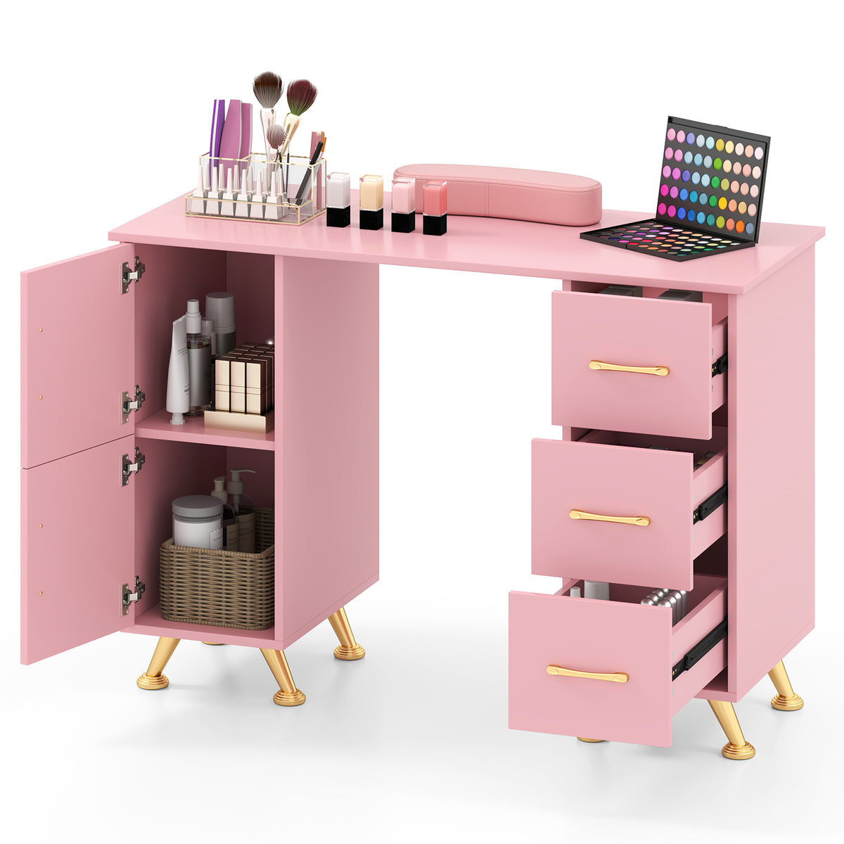 Wooden Manicure Table Nail Desk with Drawers Wrist Rest-Pink