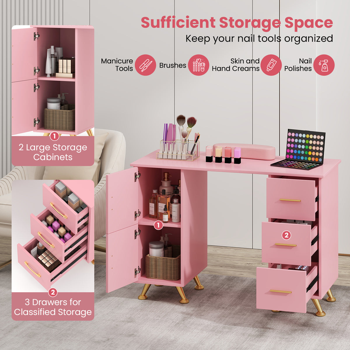 Wooden Manicure Table Nail Desk with Drawers Wrist Rest-Pink