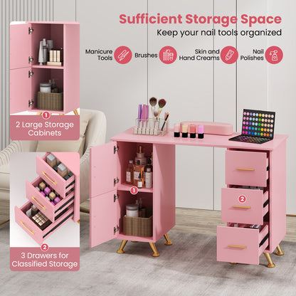 Wooden Manicure Table Nail Desk with Drawers Wrist Rest-Pink