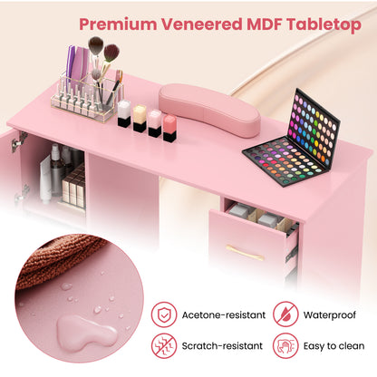 Wooden Manicure Table Nail Desk with Drawers Wrist Rest-Pink