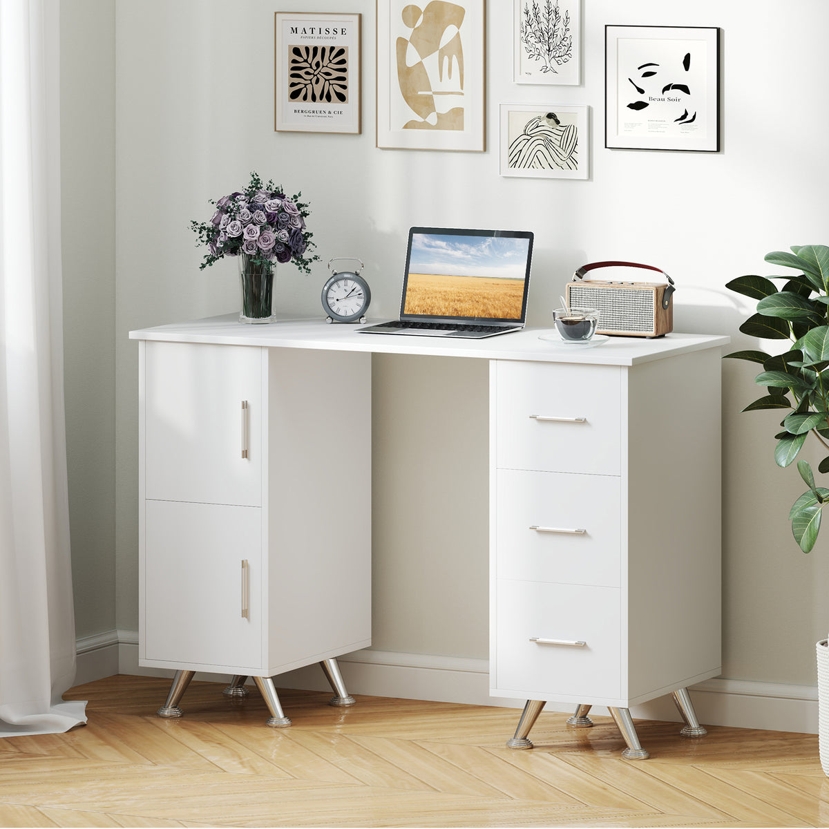 Wooden Manicure Table Nail Desk with Drawers Wrist Rest-White