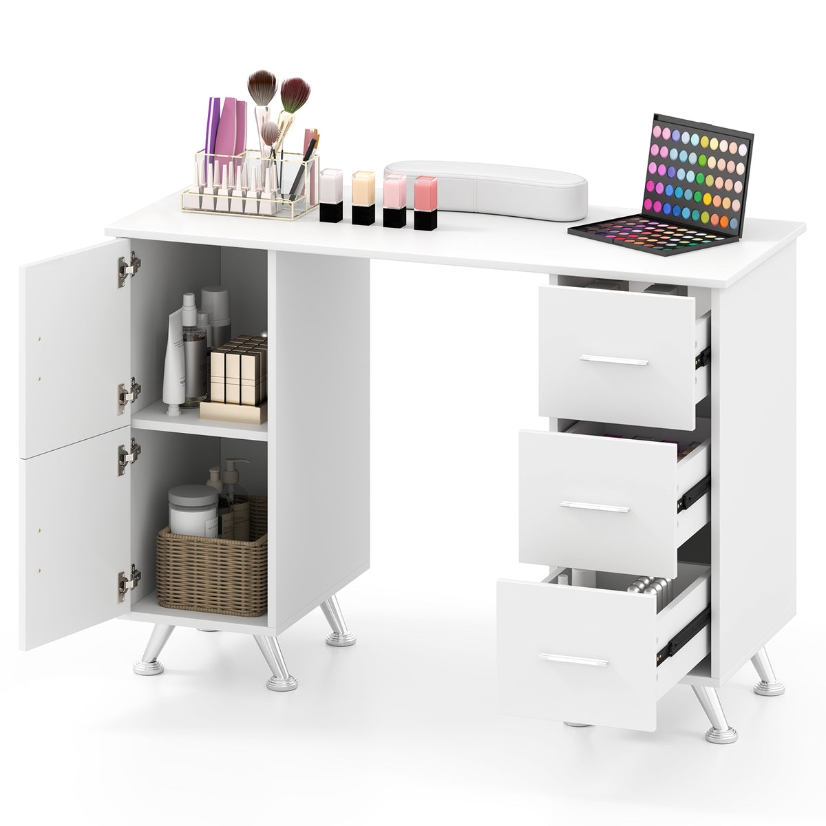 Wooden Manicure Table Nail Desk with Drawers Wrist Rest-White