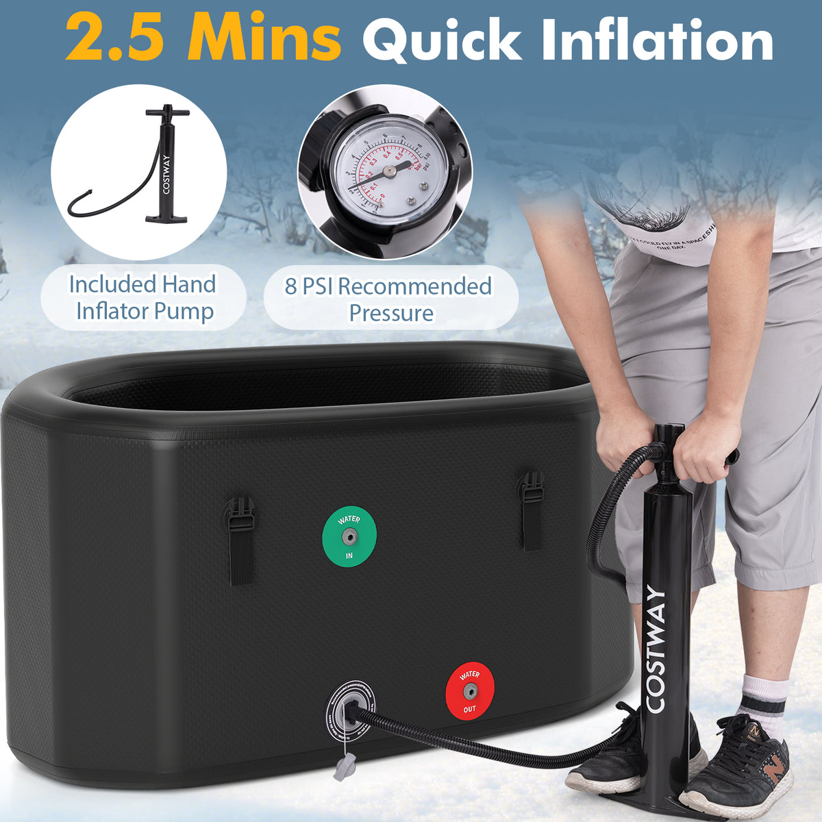 XL 129 Gal Oval Ice Bath Tub with Cover and Hand Pump for Athletes-Black