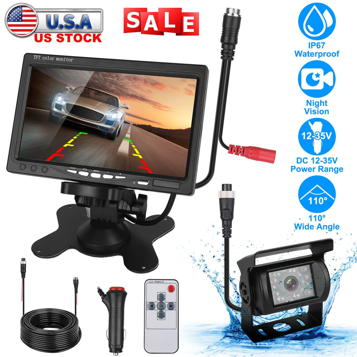 7 Inch Backup Camera System with Night Vision & IP67 Waterproof