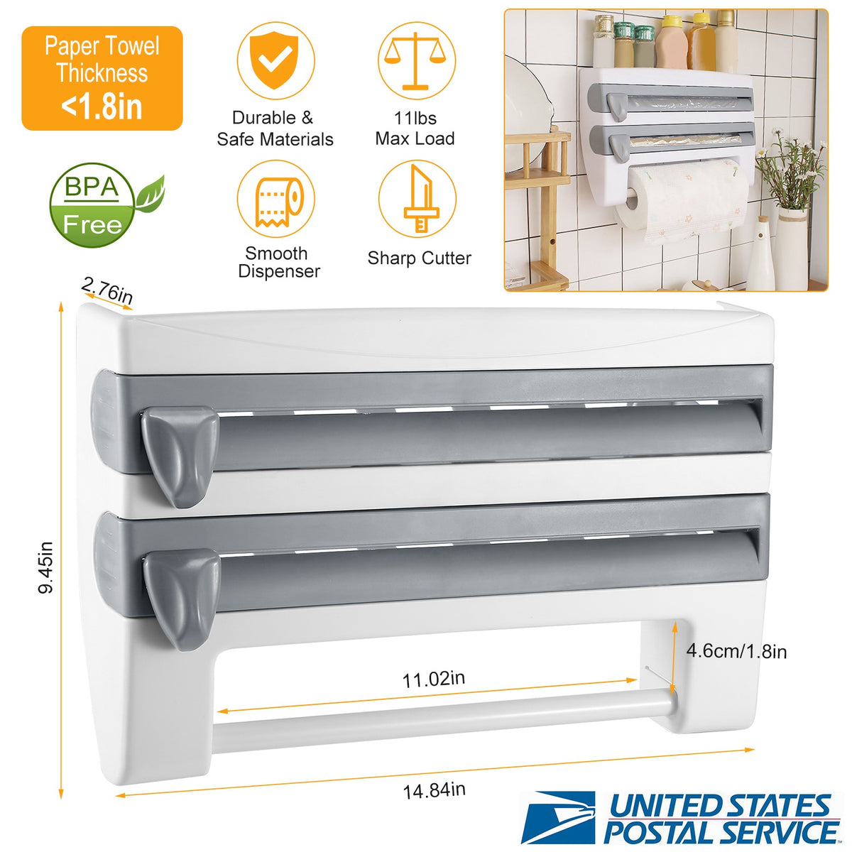 Kitchen Roll Dispenser Paper Roll Holder Plastic Wrap Film Foil Paper Organizer w/ Cutter Wall Mounted for Kitchen Bathr