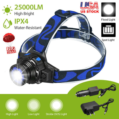 LED Headlamp 25000LM Rechargeable with Adjustable Beam