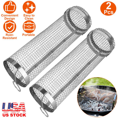 Stainless Steel Rolling Grill Basket Set - 2 Pack with Hooks