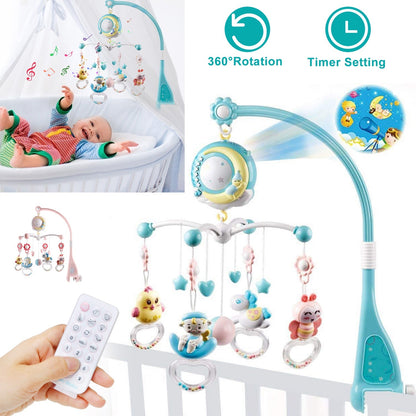 Baby Musical Crib Bed Bell Rotating Mobile Star Projection Nursery Light Baby Rattle Toy w/ Music Box Remote Control