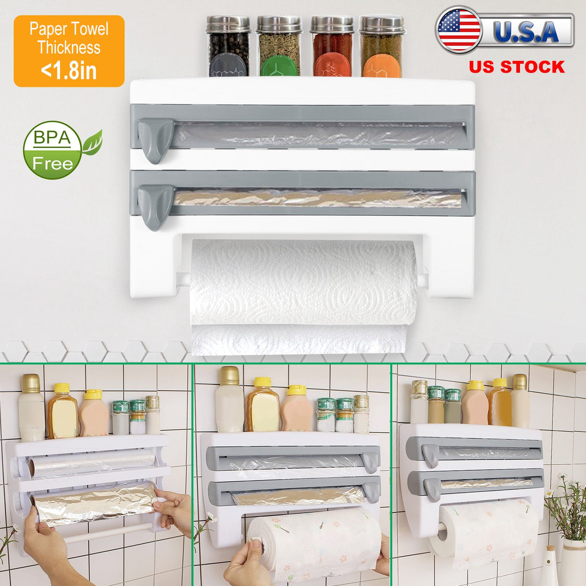 Kitchen Roll Dispenser Paper Roll Holder Plastic Wrap Film Foil Paper Organizer w/ Cutter Wall Mounted for Kitchen Bathr