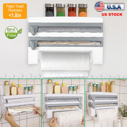 Kitchen Roll Dispenser Paper Roll Holder Plastic Wrap Film Foil Paper Organizer w/ Cutter Wall Mounted for Kitchen Bathr