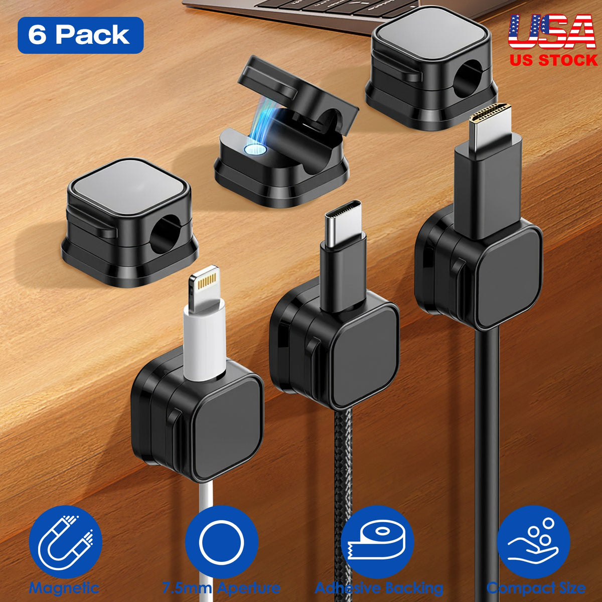 Magnetic Cable Clips 6-Pack - Adhesive Cord Organizer