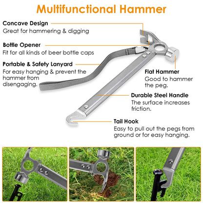 Tent Stakes Kit with Hammer and Reflective Ropes - 10 Stakes