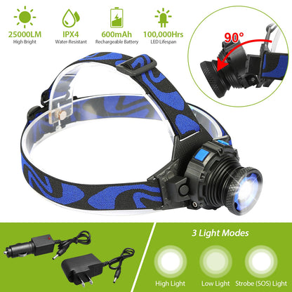 LED Headlamp 25000LM Rechargeable with Adjustable Beam