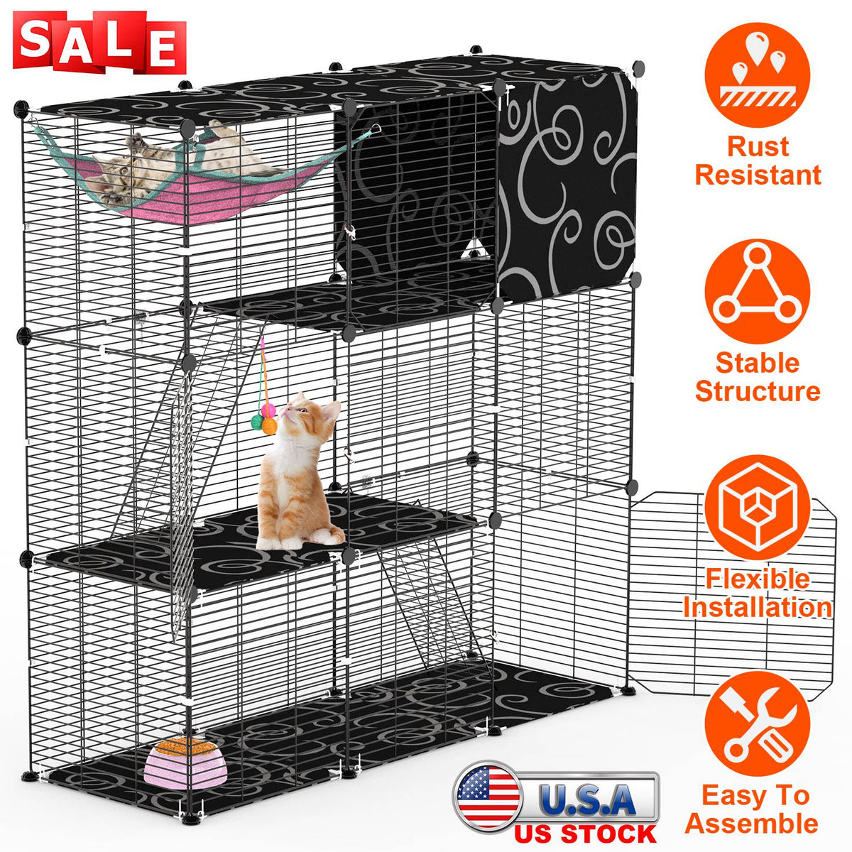 3-Tier Cat Cage Enclosure with Hammock and Ladder