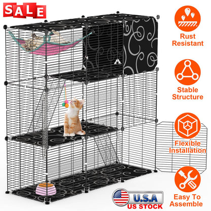 3-Tier Cat Cage Enclosure with Hammock and Ladder