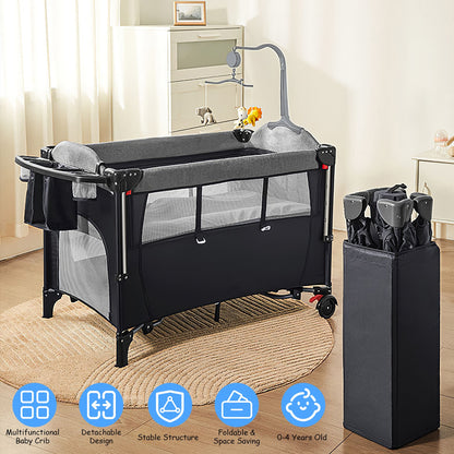 6-in-1 Foldable Baby Crib with Changing Table & Activity Center