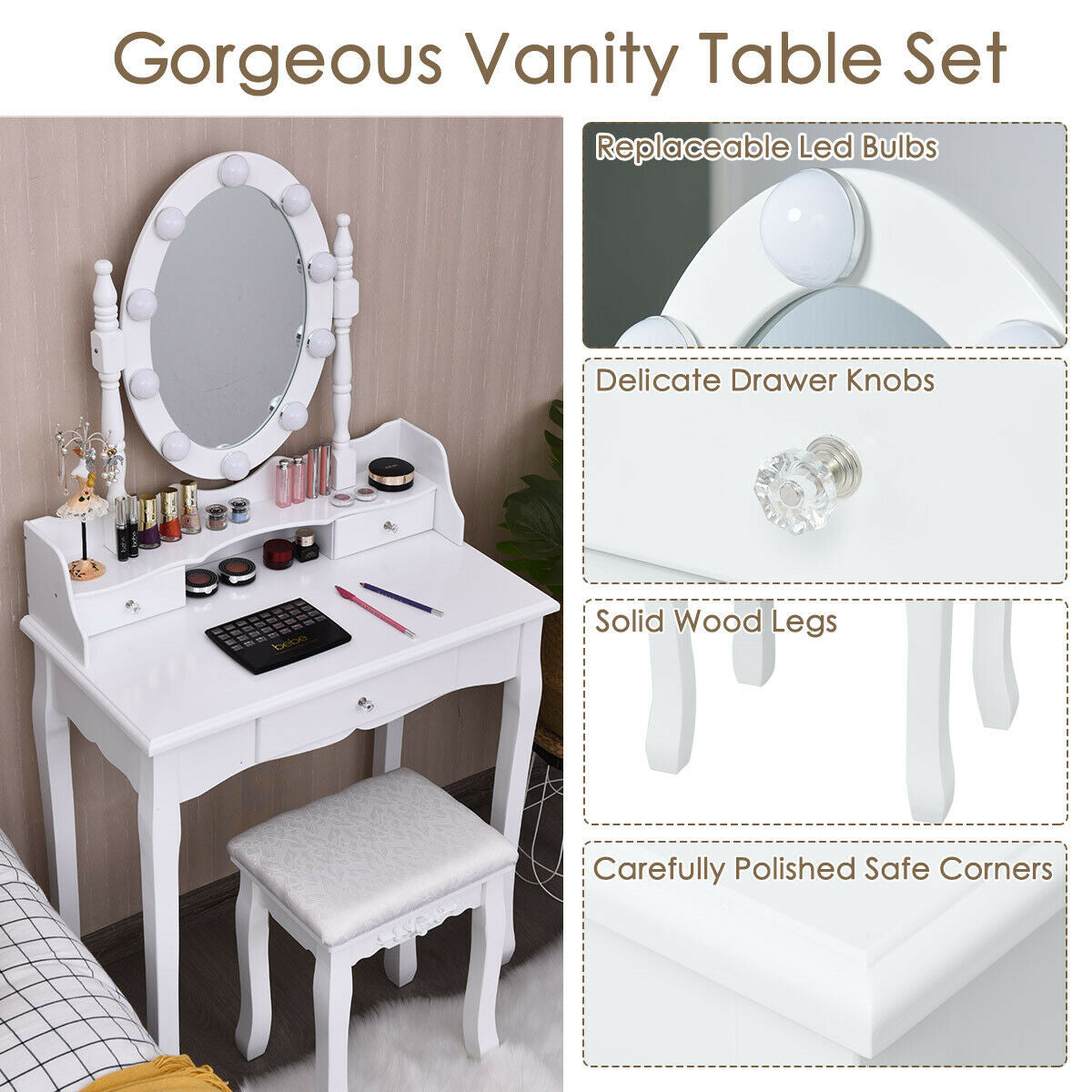 Makeup Vanity Set with LED Lighted Mirror and 3 Drawers