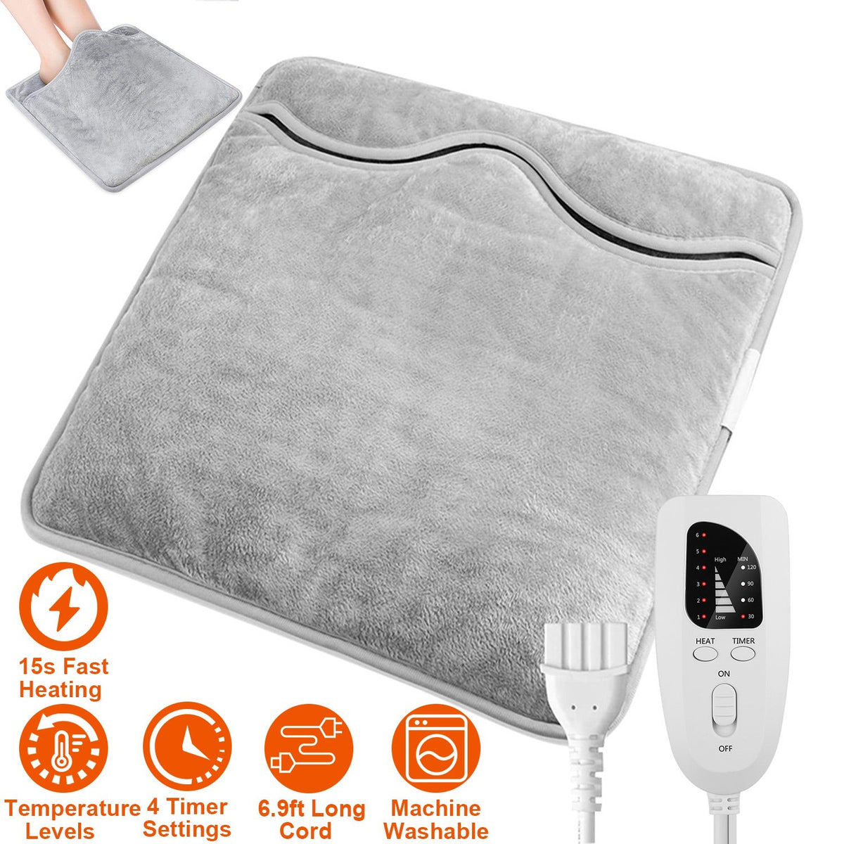 Electric Foot Warmer Heater Fast Heating Pad Cushion Mat Machine Washable with 6 Temperature Settings 4 Timer Modes
